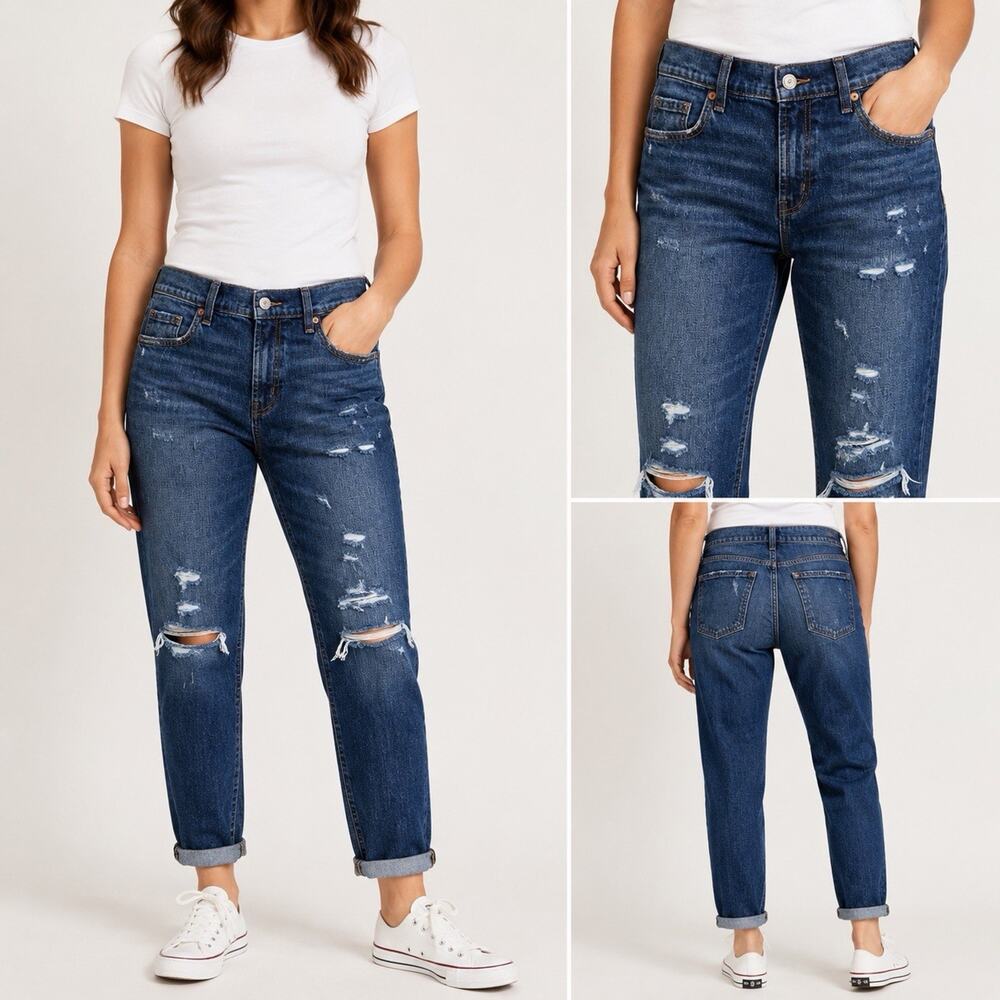 Old Navy Women’s Mid-Rise Boyfriend Jeans Size 4 Distressed Blue Denim NWT